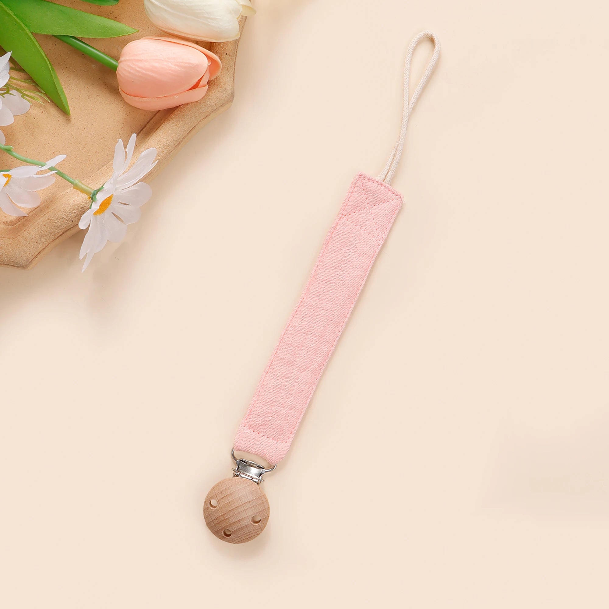 Cute Beech Wood Pacifier Clip with Cotton Strap