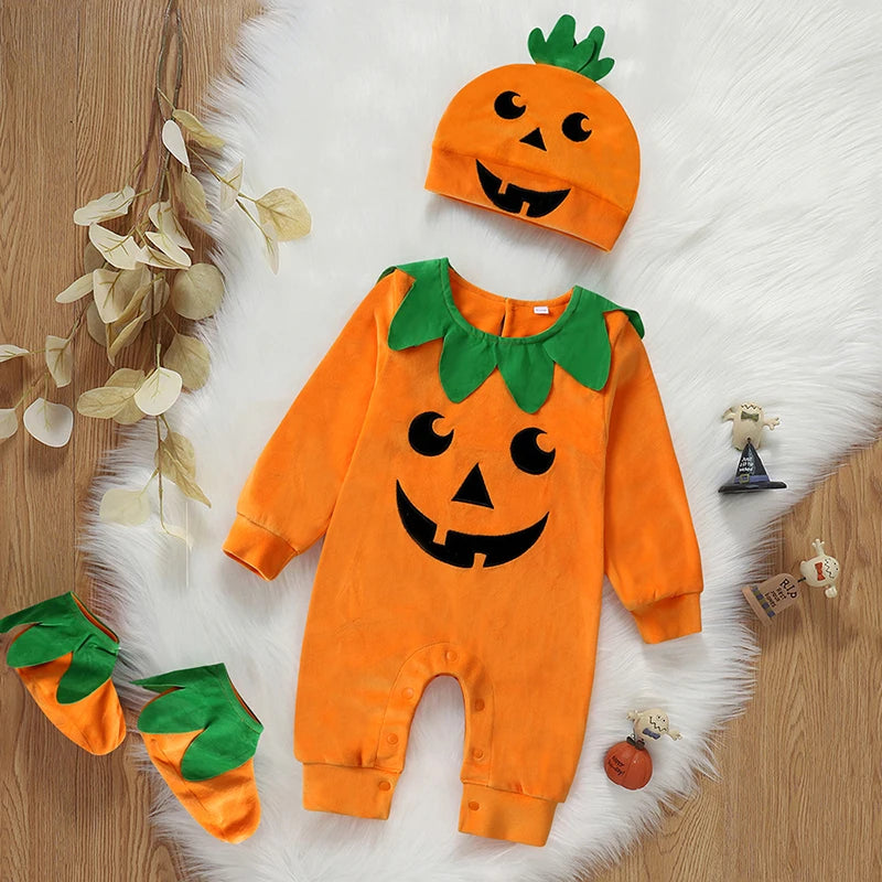 Baby Halloween Pumpkin Romper Set – 3-Piece Newborn Costume