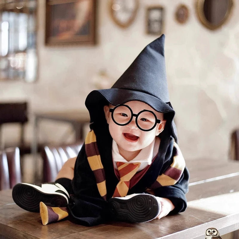 Baby Wizard Costume Set – Magic School Romper with Hat, Scarf, Tie & Wand