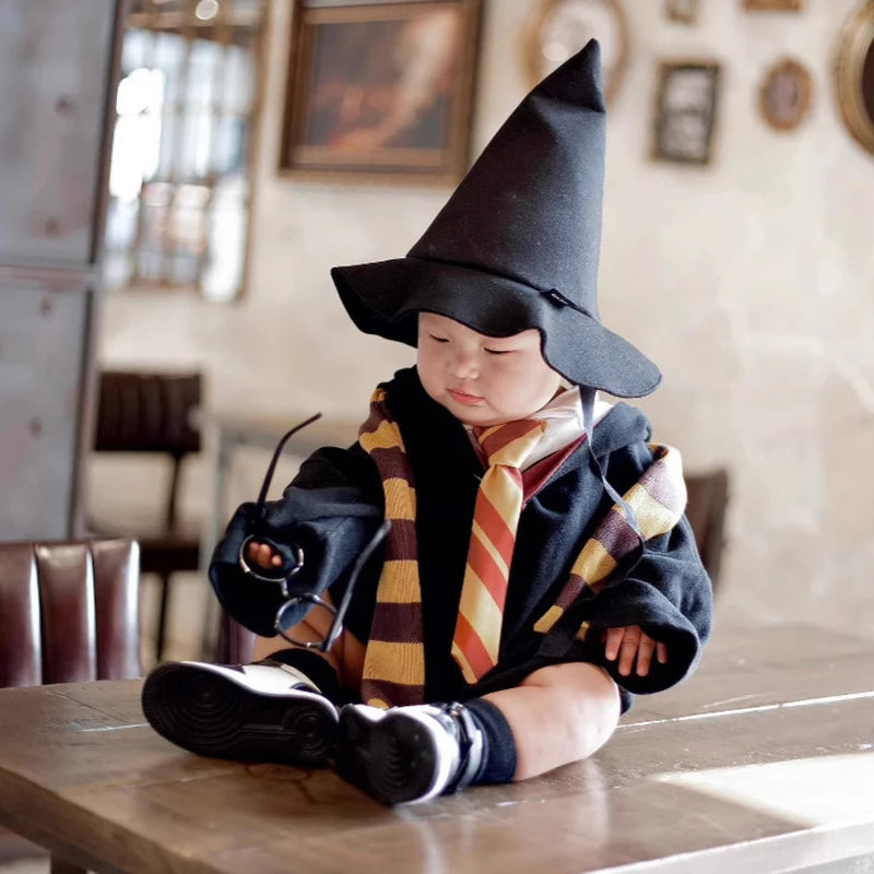 Baby Wizard Costume Set – Magic School Romper with Hat, Scarf, Tie & Wand