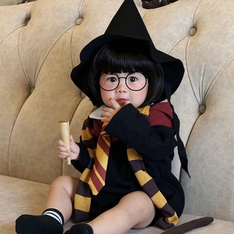 Baby Wizard Costume Set – Magic School Romper with Hat, Scarf, Tie & Wand