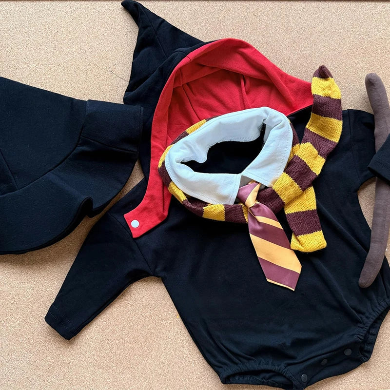Baby Wizard Costume Set – Magic School Romper with Hat, Scarf, Tie & Wand