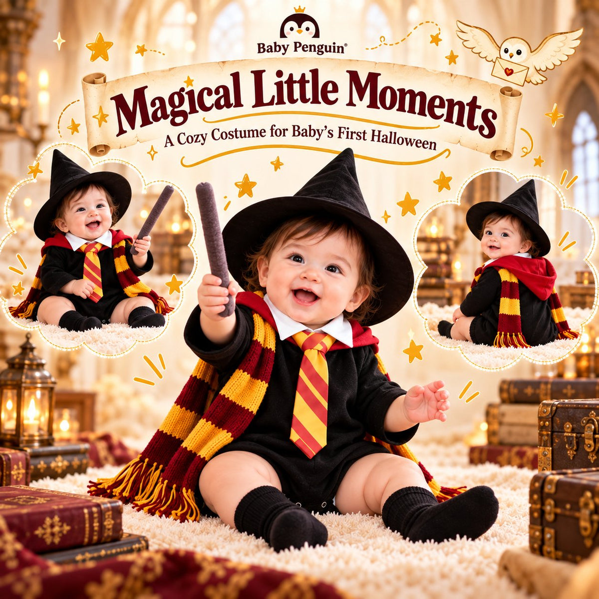 Baby Wizard Costume Set – Magic School Romper with Hat, Scarf, Tie & Wand