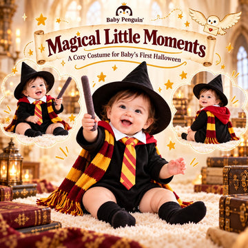 Baby Wizard Costume Set – Magic School Romper with Hat, Scarf, Tie & Wand