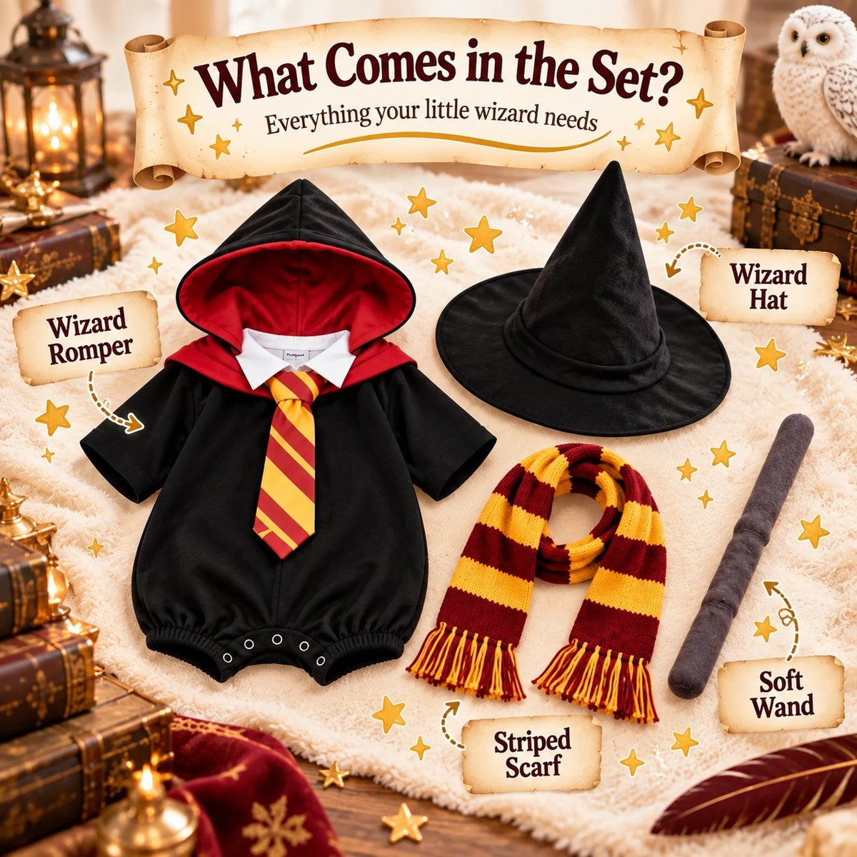 Baby Wizard Costume Set – Magic School Romper with Hat, Scarf, Tie & Wand
