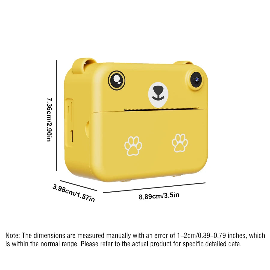 Kids instant print camera dimensions 8.9 x 7.4 x 4 cm, yellow model