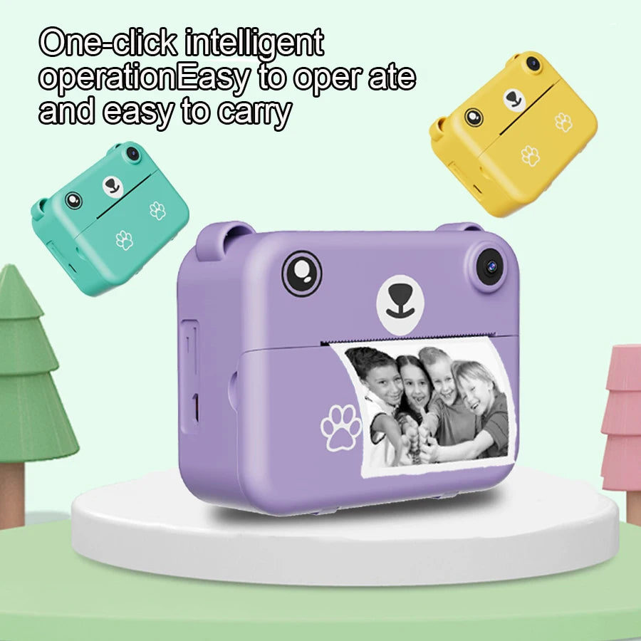 Easy one-click kids instant print camera in purple, green and yellow
