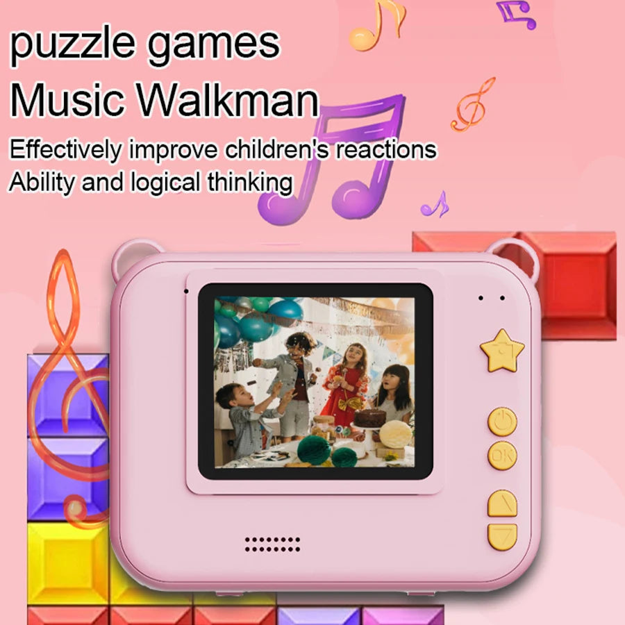Pink kids instant print camera with colour screen, puzzle games and music player
