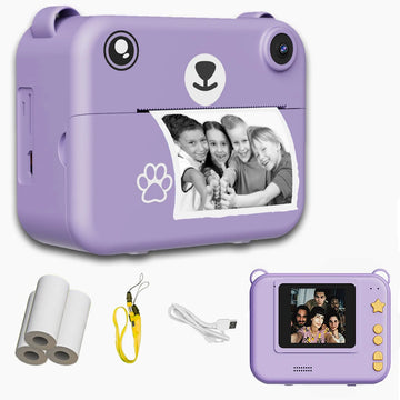 Kids instant print camera in purple with thermal print paper rolls, lanyard and USB cable